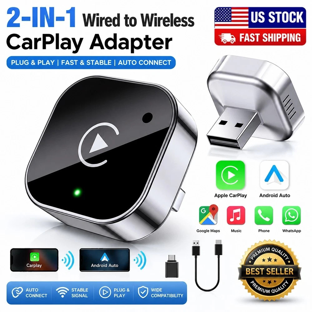 2-in-1 Wired to Wireless CarPlay & Android Auto Adapter USB Dongle Plug & Play