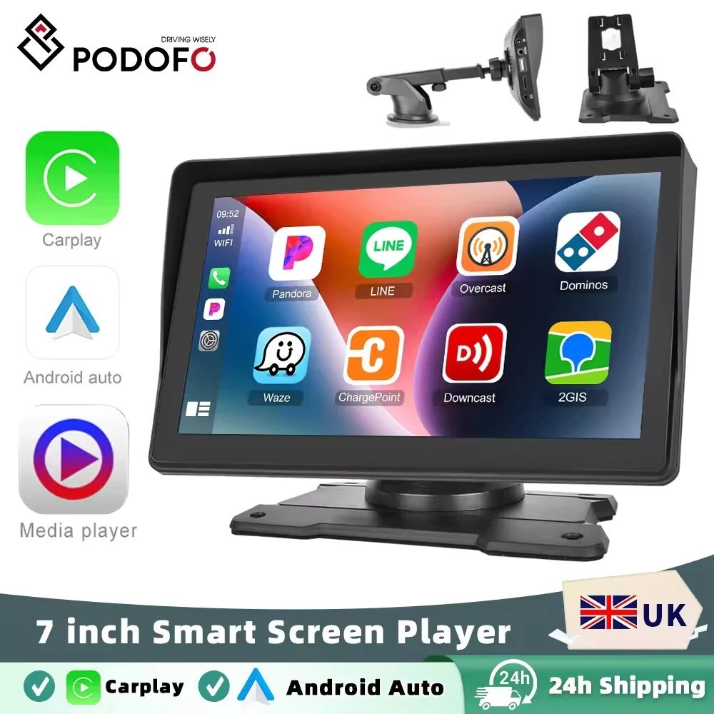 Podofo 7” Wireless CarPlay Android Auto MP5 Monitor Bluetooth FM USB Camera