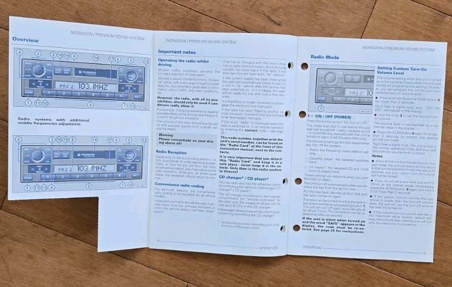 1999-2004 VW EUROVAN Monsoon Stereo Radio Cassette Manual Quick Reference Guide