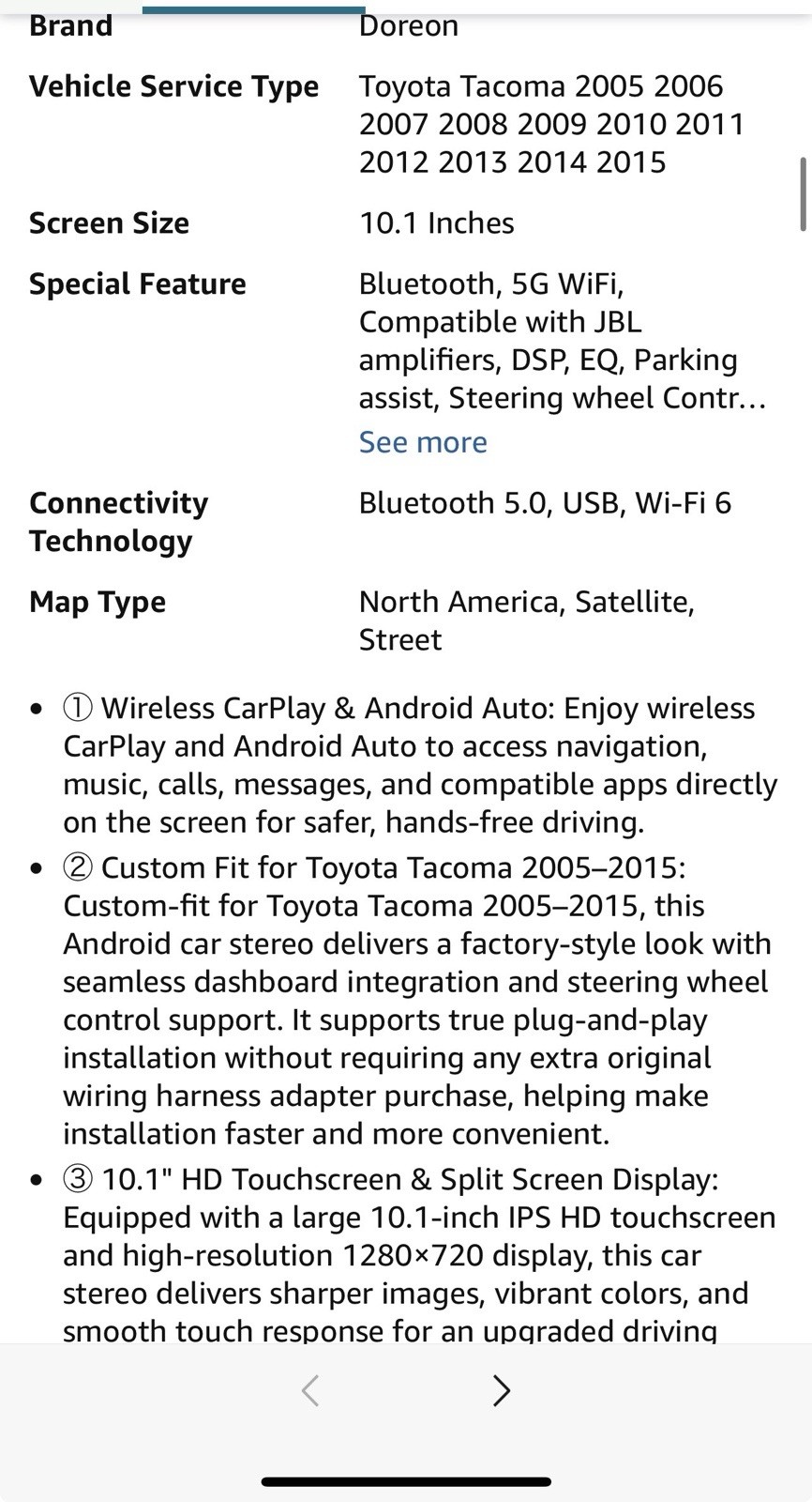 CarPlay Car Stereo for Toyota Tacoma 2005–2015, Android 15, 10.1″, 4GB+64GB ROM
