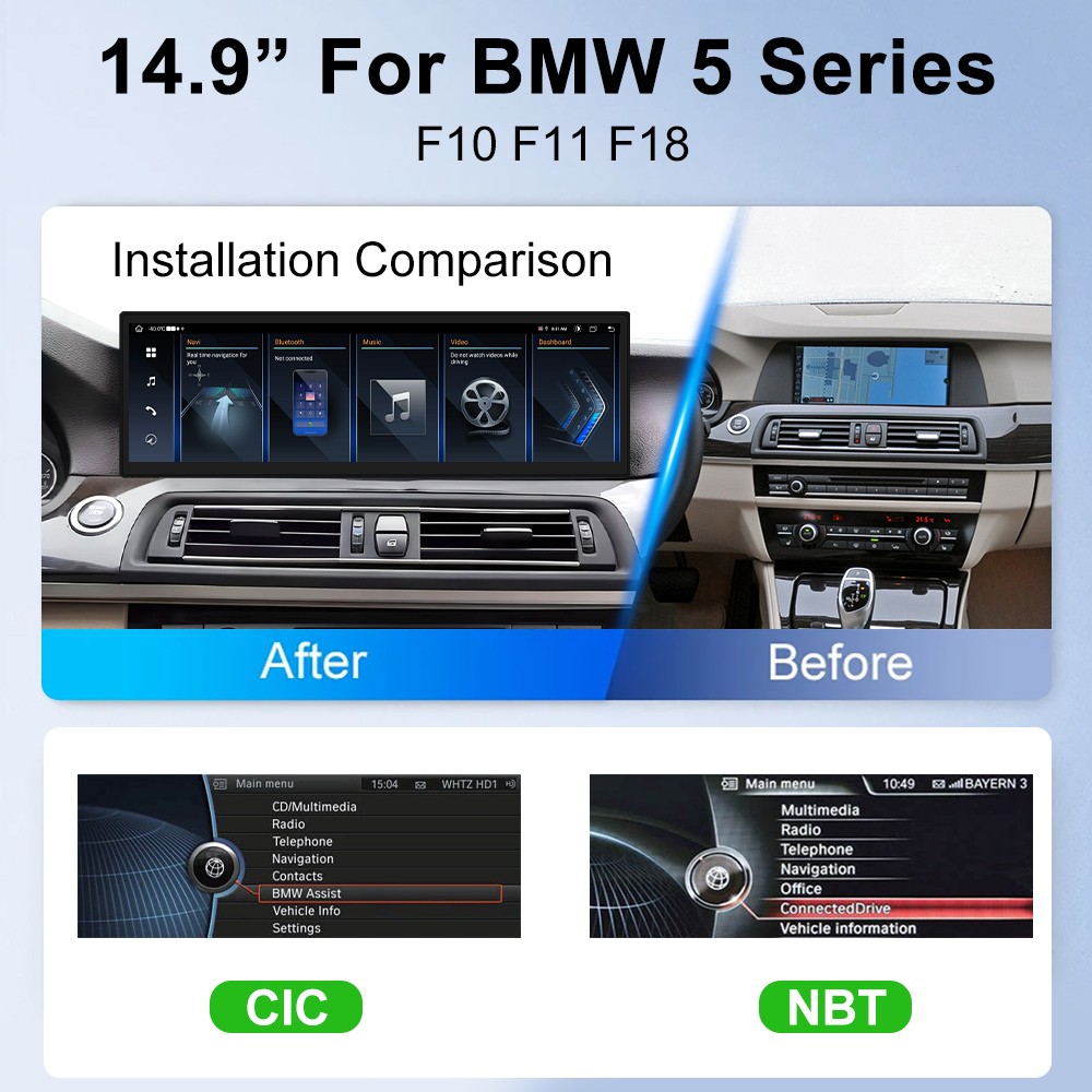 14.9” Android14 Display CarPlay BMW 5 Series F10 F11 CIC 2010 – 2012 G30 4G GPS