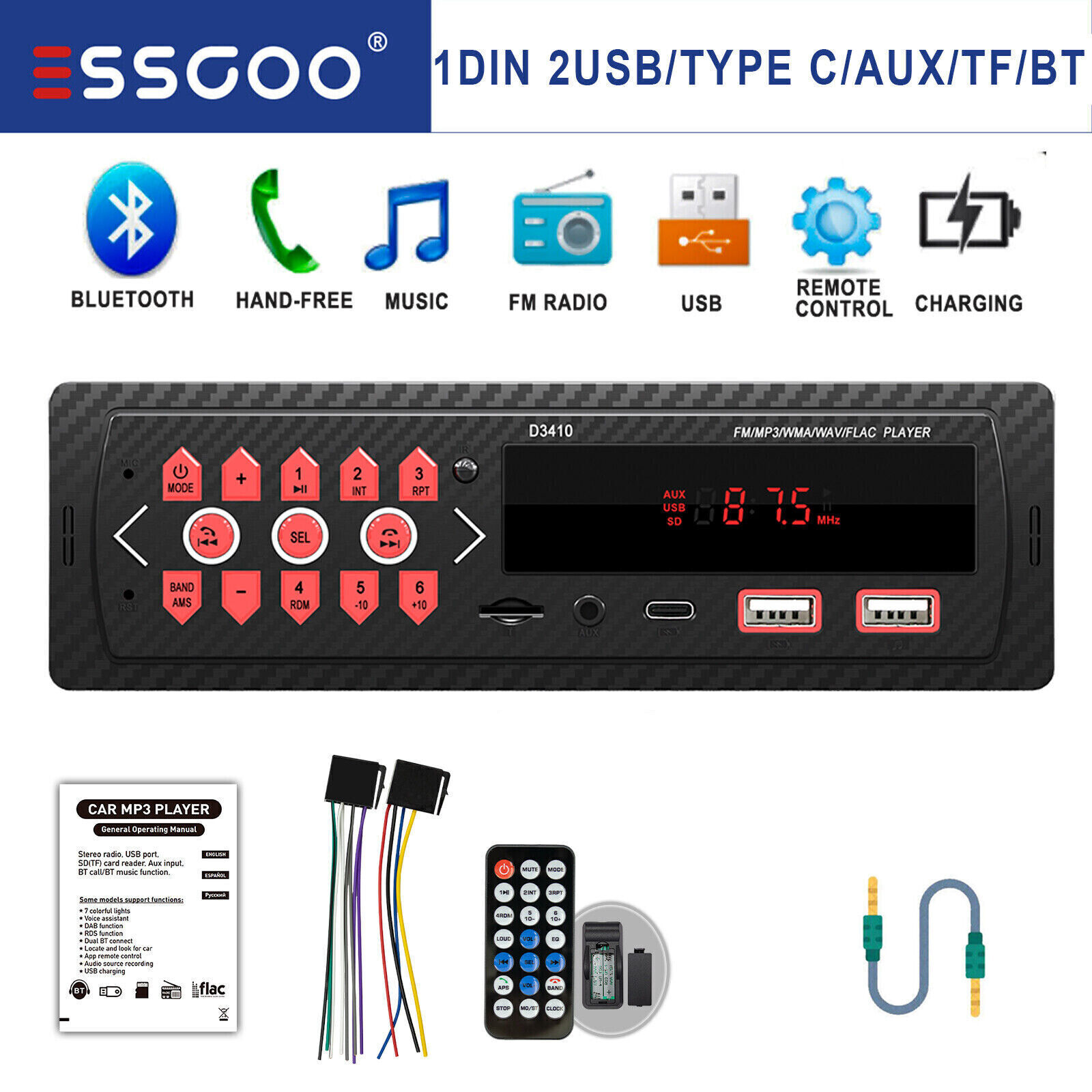 Car Radio Aux Input Stereo Audio In-Dash FM Receiver USB MP3 Player Bluetooth SD