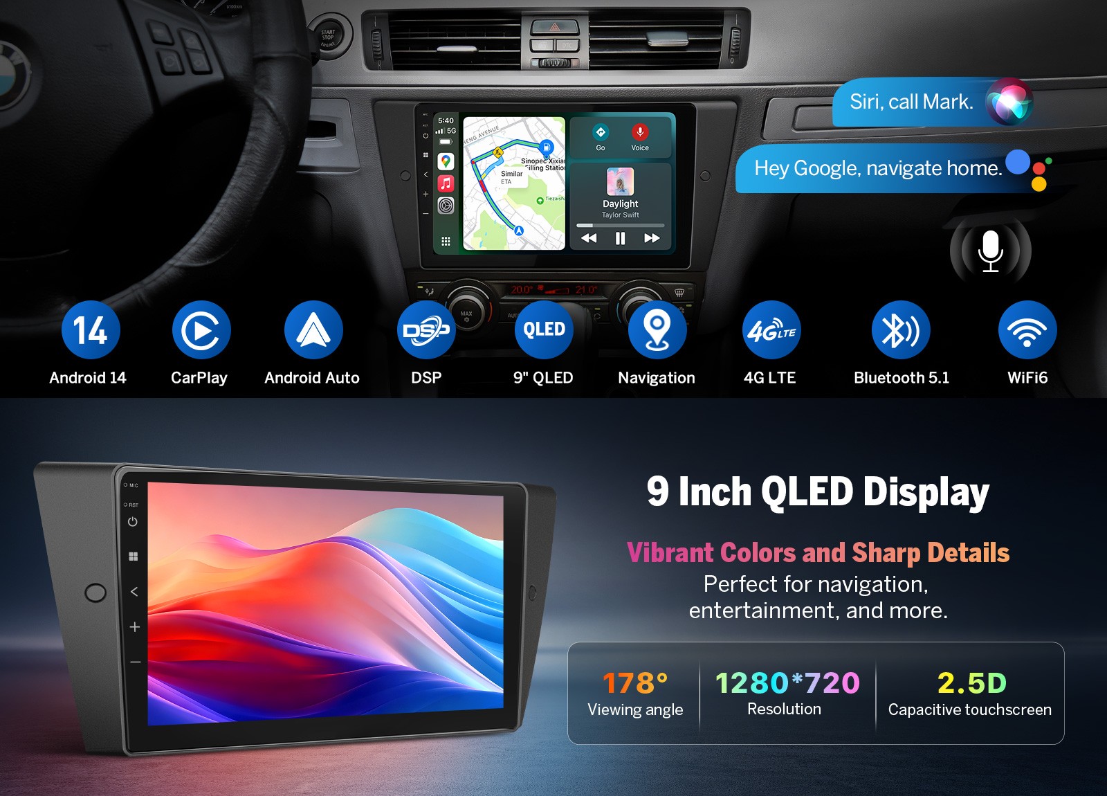9″ QLED Android Auto Car Stereo CarPlay for BMW E90 M3 6+64GB DSP Audio Upgrade