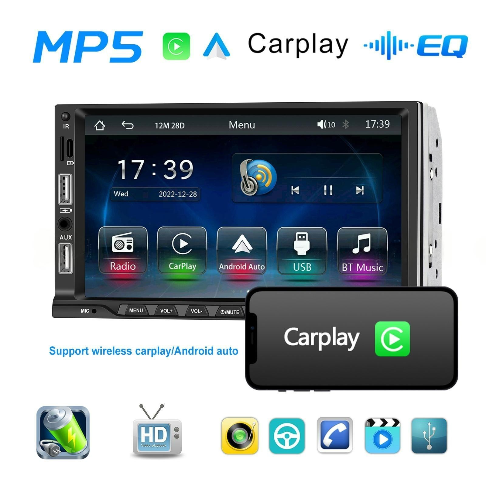 7″ Wireless CarPlay Android MP5 Car Stereo 1080p Touchscreen Bluetooth FM