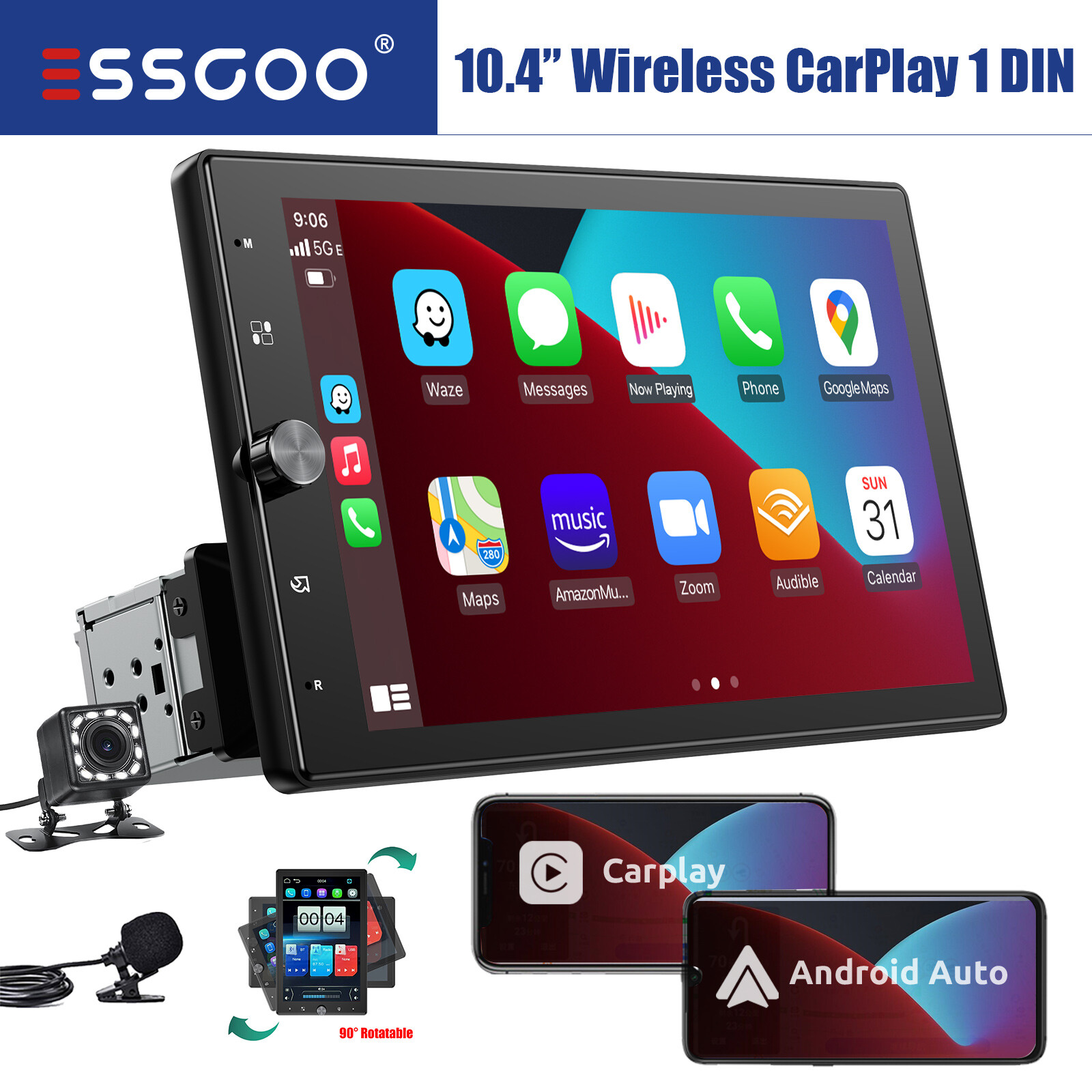10.4″ 1 Din Car Stereo Wireless Carplay Android Auto Rotatable Screen USB KAM MIK