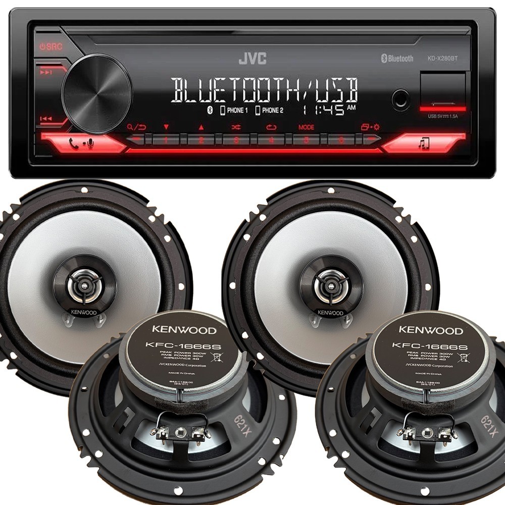 JVC KD-X280BT Single DIN Car In-Dash Receiver 4X Kenwood KFC-1666S 6.5″ Speakers