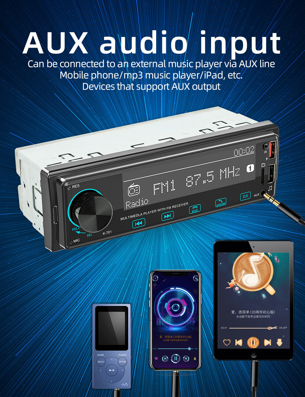 Car Radio Stereo 1 Din Bluetooth MP3 Player Touch Buttons FM/USB/AUX/TF W/Remote