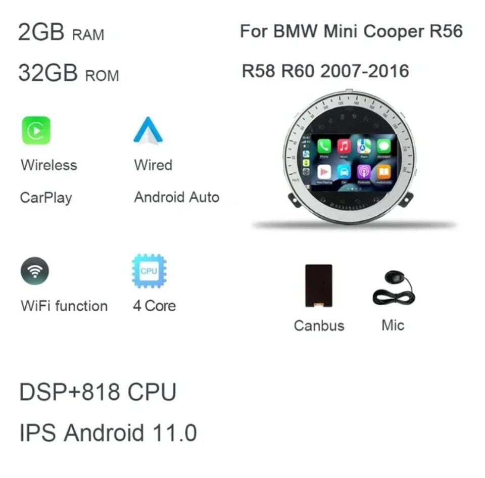 2 DIN RADIO FOR MINI R56 COOPER ONE R60 GPS USB BLUETOOTH 2GB RAM 32GB ROM