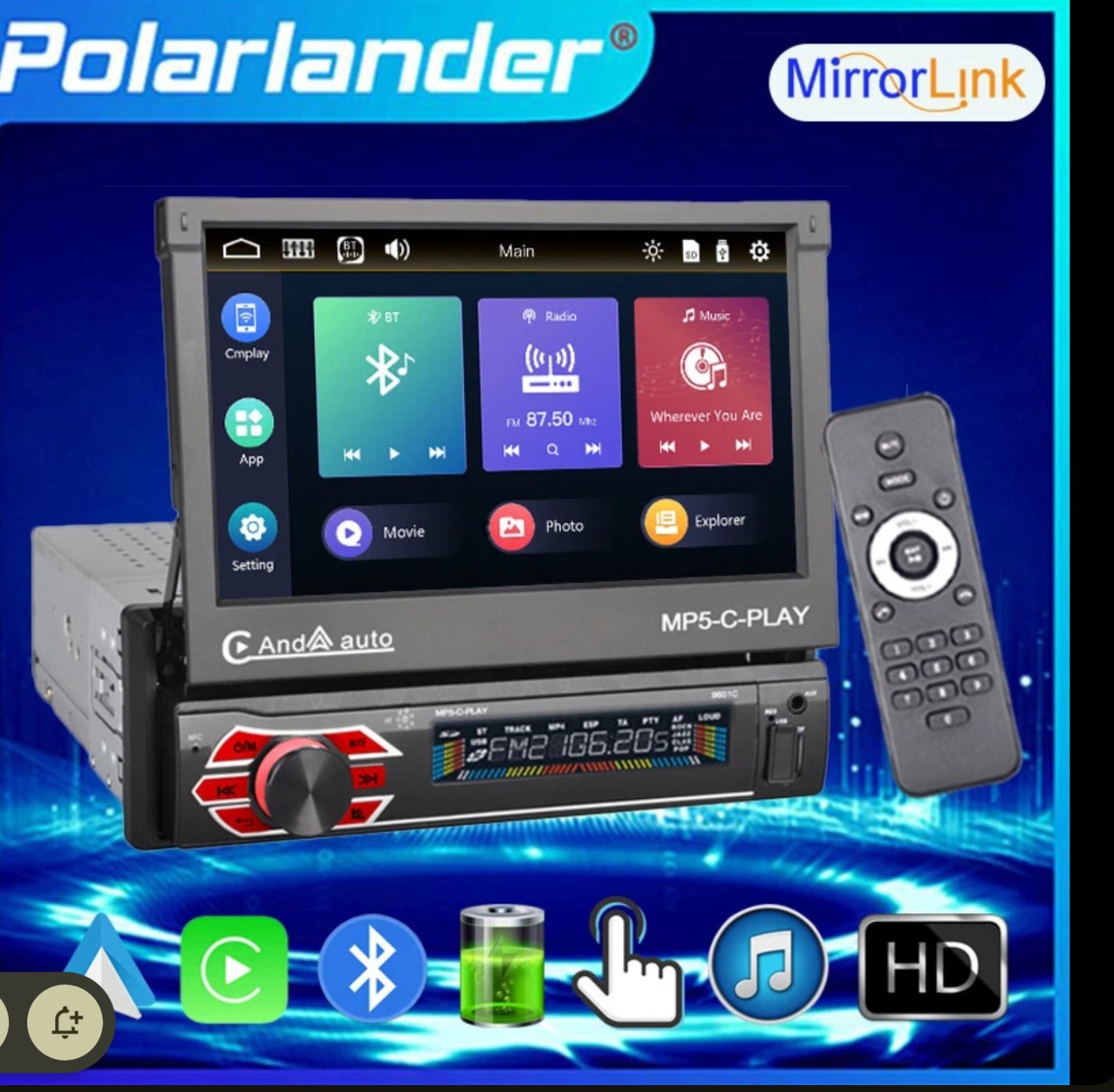 7” 1 Din Car Radio Flip Out Touch Screen Carplay Mirror Link BT TF FM Stereo