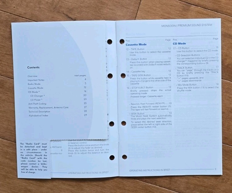 1999-2004 VW EUROVAN Monsoon Stereo Radio Cassette Manual Quick Reference Guide