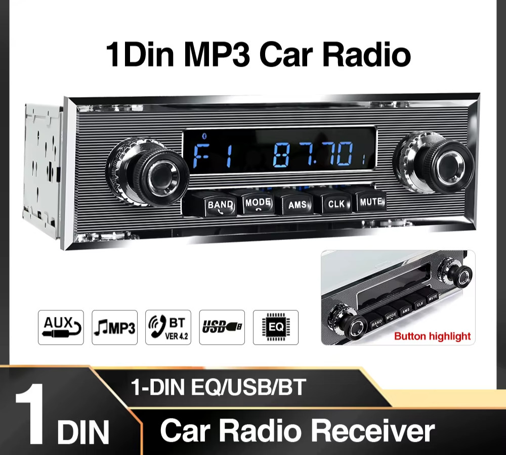 Retro 1 DIN Car Radio Bluetooth FM MP3 Player USB AUX Classic Stereo EQ