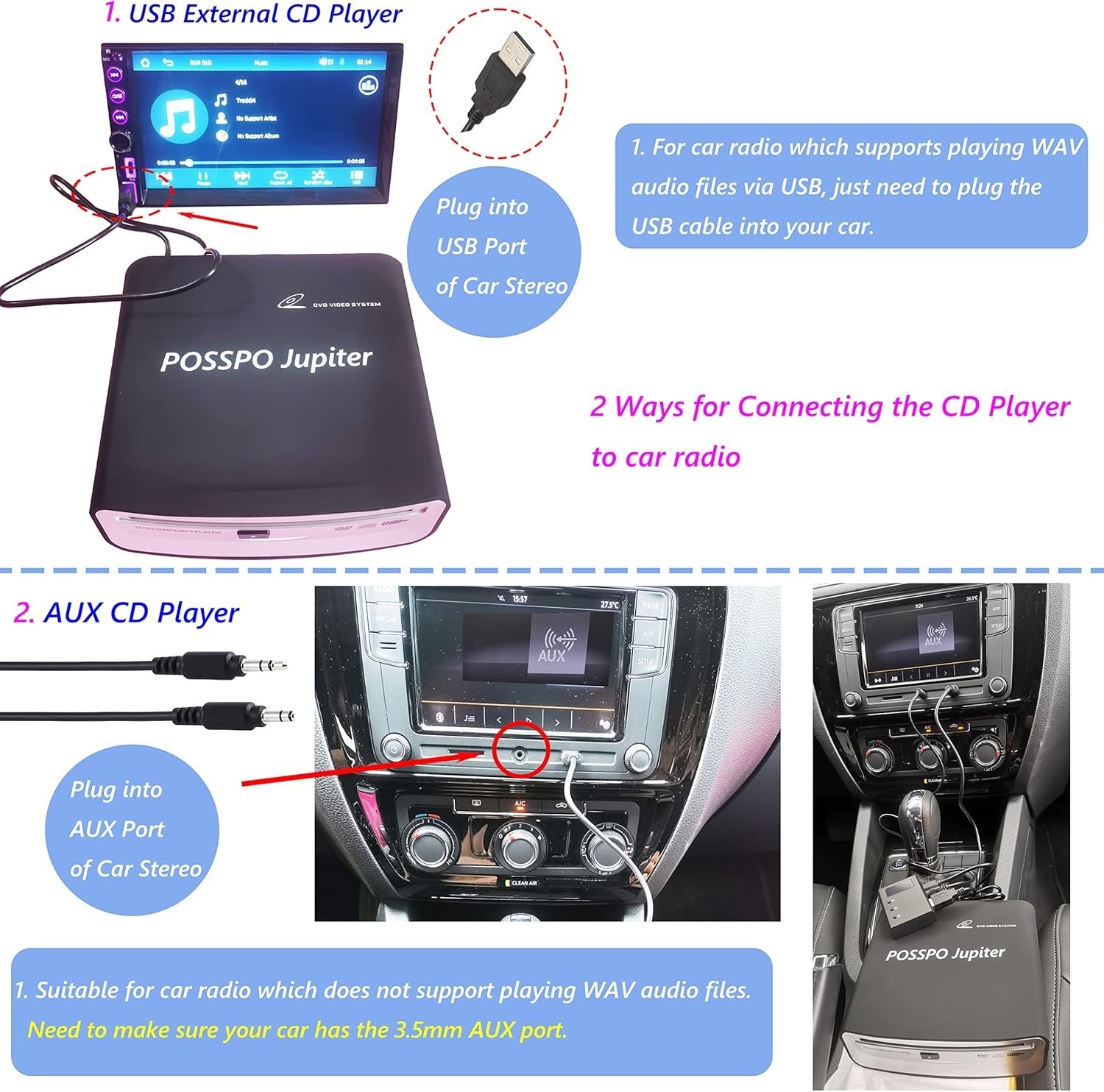 USB CD Player for Car Auto, Portable External CD DVD Player, USB Plug & Play