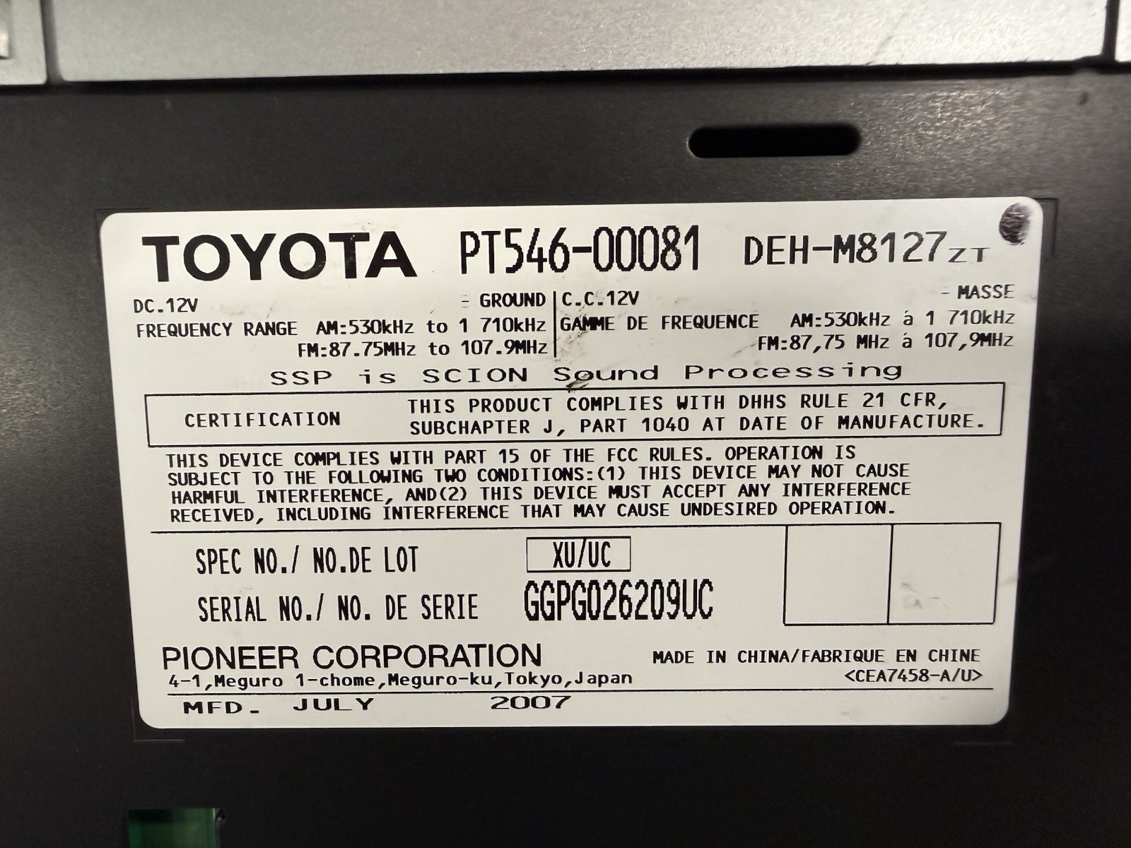 Toyota Scion Pioneer OEM Radio CD Player AUX iPod PT546-00081 DEH-M8127Z WMA MP3