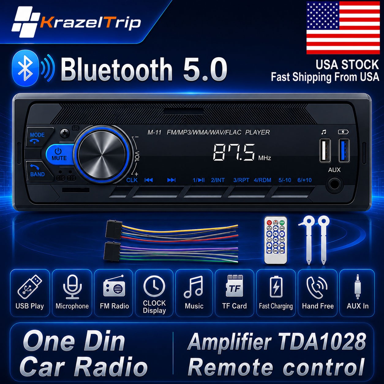 One DIN Audio MP3 Player Car Stereo Radio Audio in-Dash Bluetooth FM Dual USB
