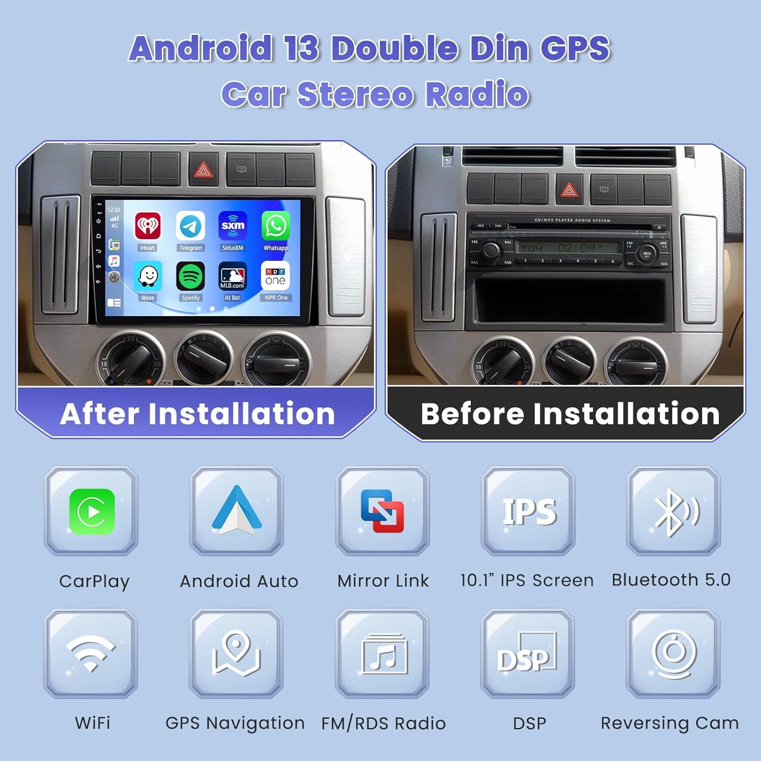 10.1″ Double 2Din Car Radio Android13 GPS Navi Carplay Touch Screen Stereo