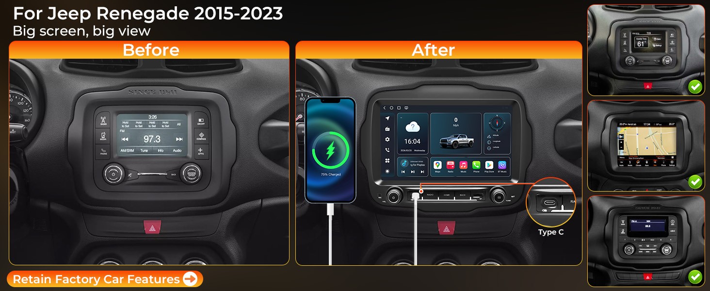 Car Stereo for Jeep Renegade 2015–2023 Wireless CarPlay & Android Auto AM/FM/RDS