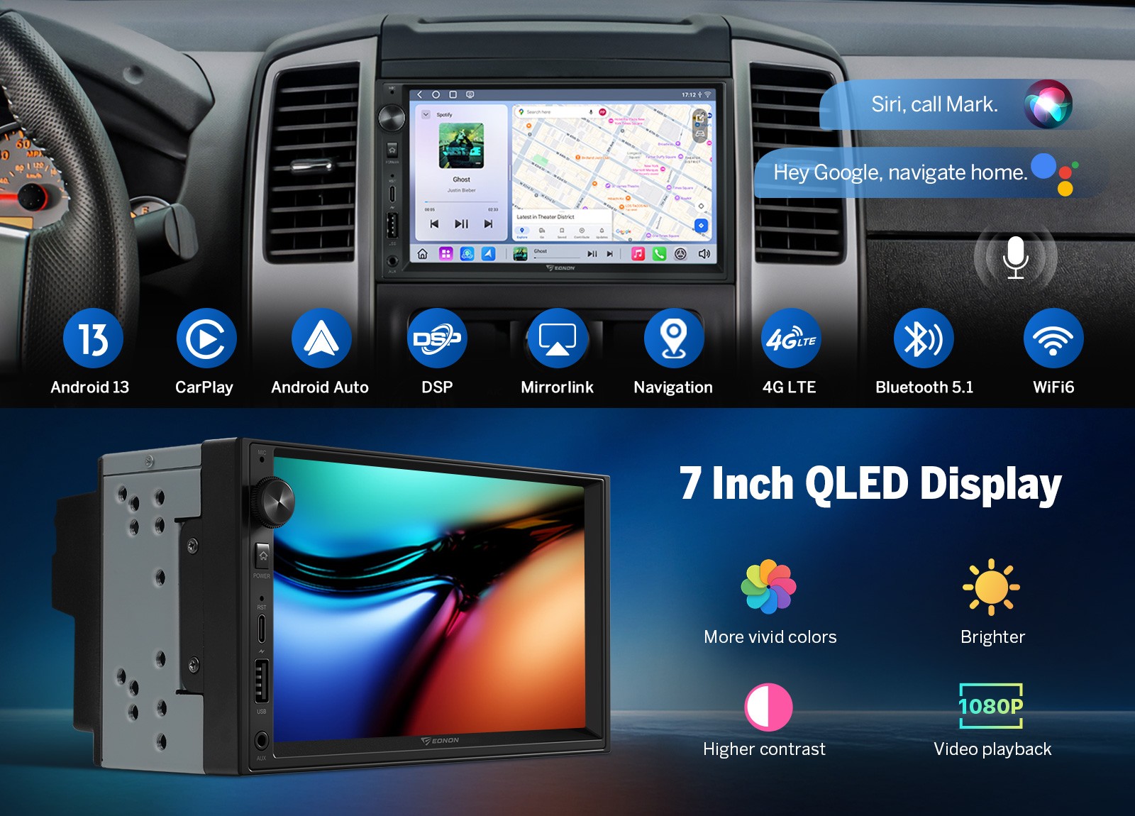 Android 13 6+64GB 7″ Car Radio Stereo CarPlay Android Auto 13 GPS Navi WiFi 2Din
