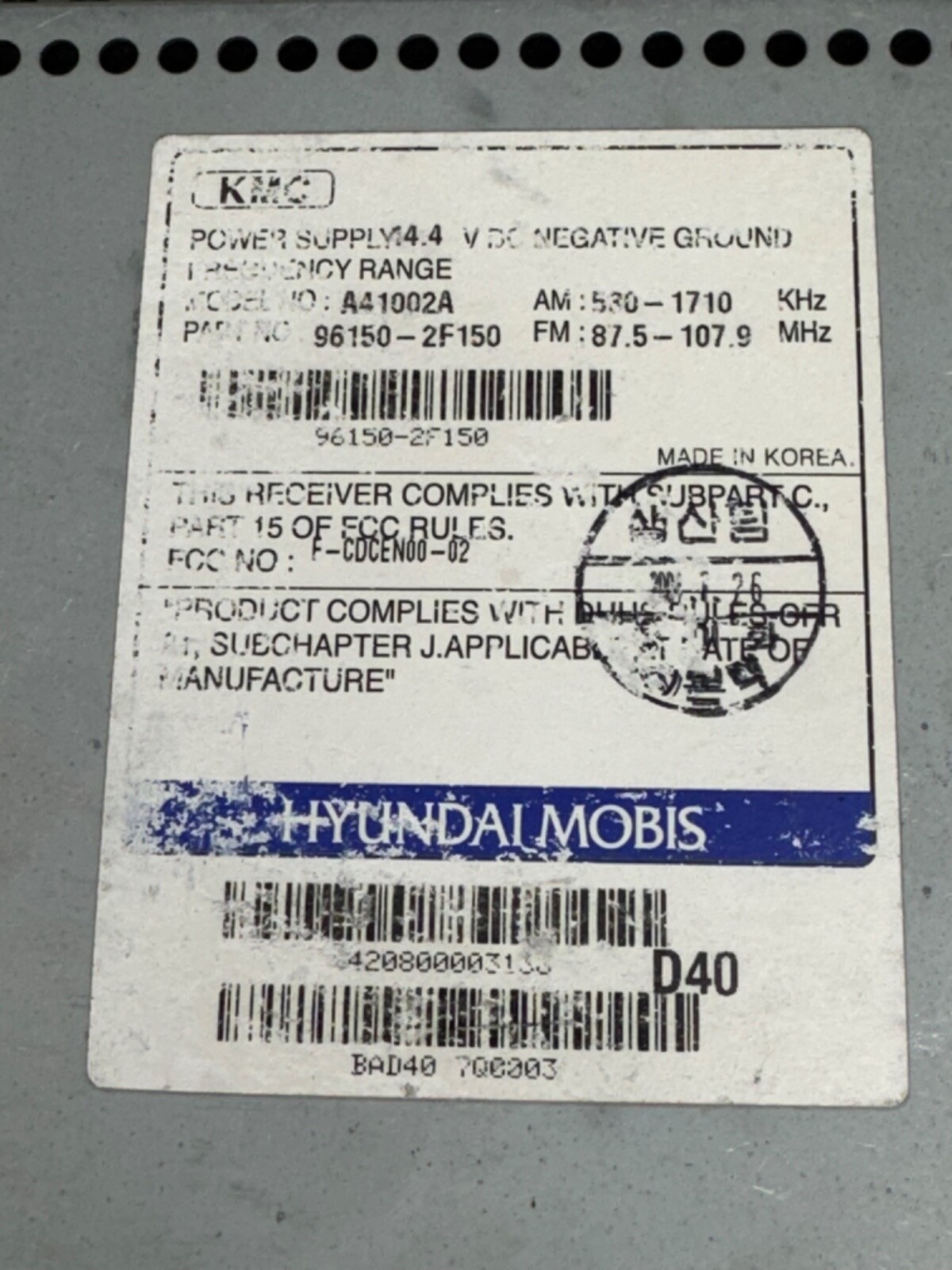Hyundai Mobis Kia Spectra 96150-2F150 AM FM Stereo Radio CD Player A41002A KMC