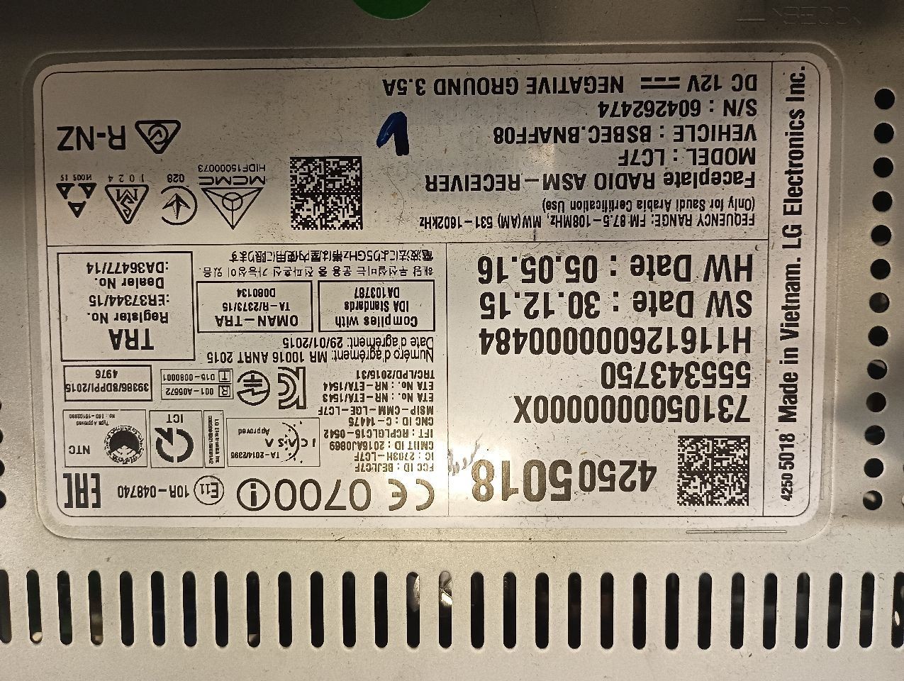 GM 42505018 Radio Receiver from 2016 Chevy Malibu 12202079