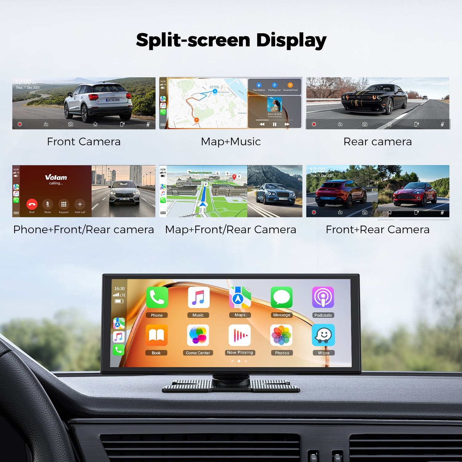 10.25″ Portable Car Stereo Radio Wireless Apple Carplay Android Auto FM+Rear Cam