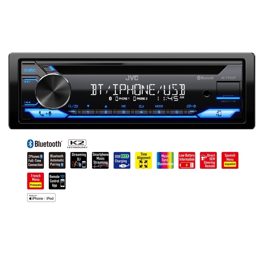 JVC KD-T721BT Bluetooth Android iPhone Alexa MP3 CD Player Pandora AM FM USB Aux
