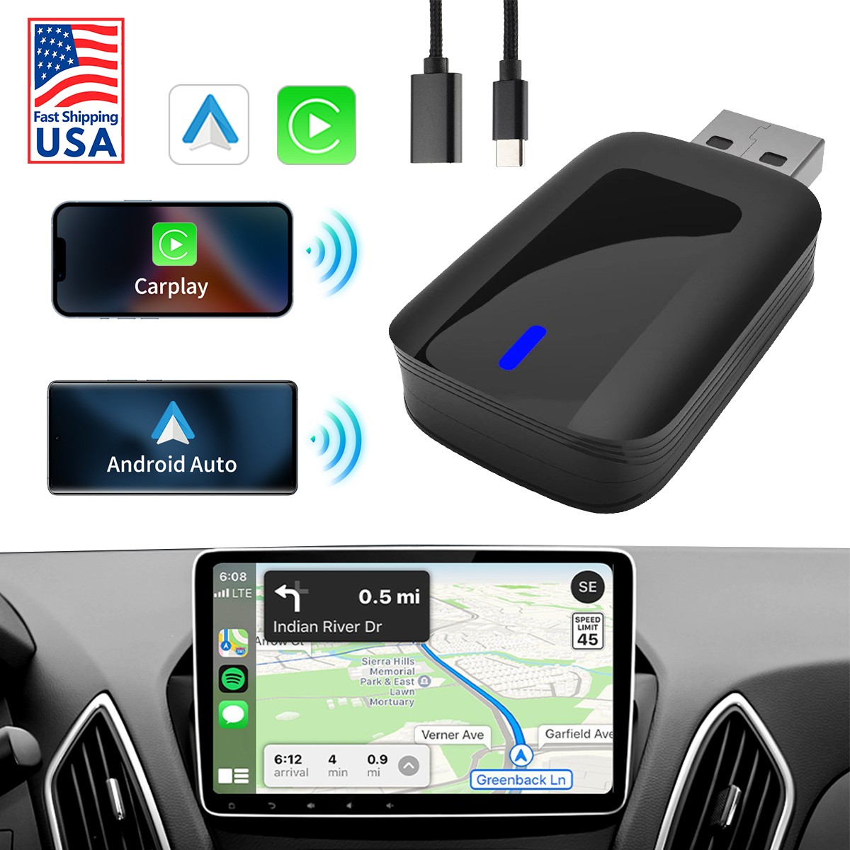 World’s Smallest 2-in-1 CarPlay Android Auto Wireless Adapter 5.8GHz WiFi BT5.0