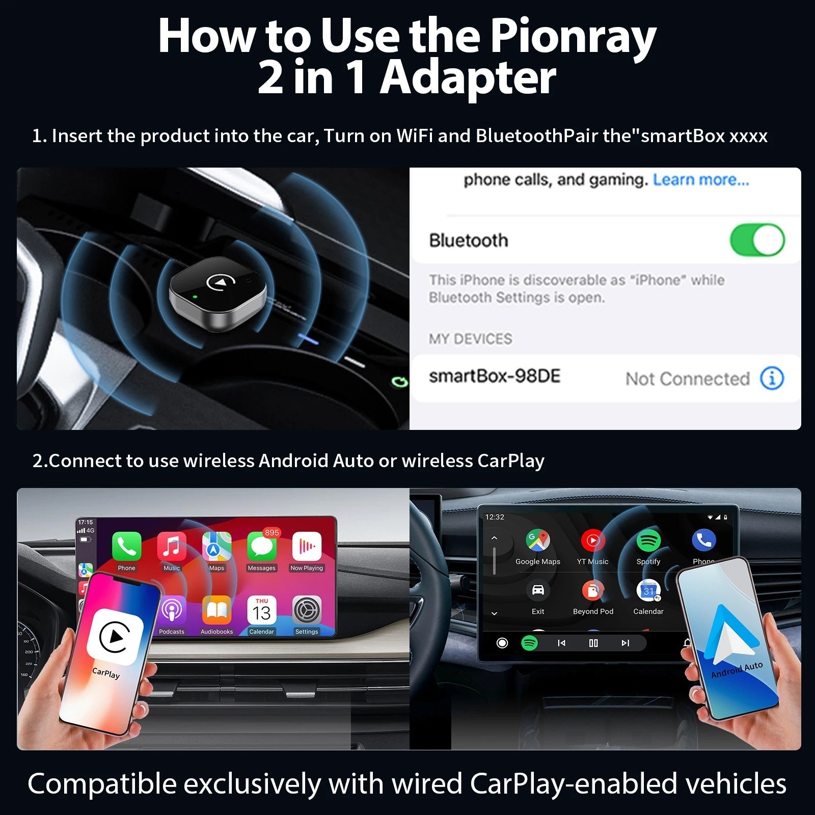 Wireless CarPlay Android Auto Adapter 2-in-1 5GHz WiFi USB Type-C Plug Play