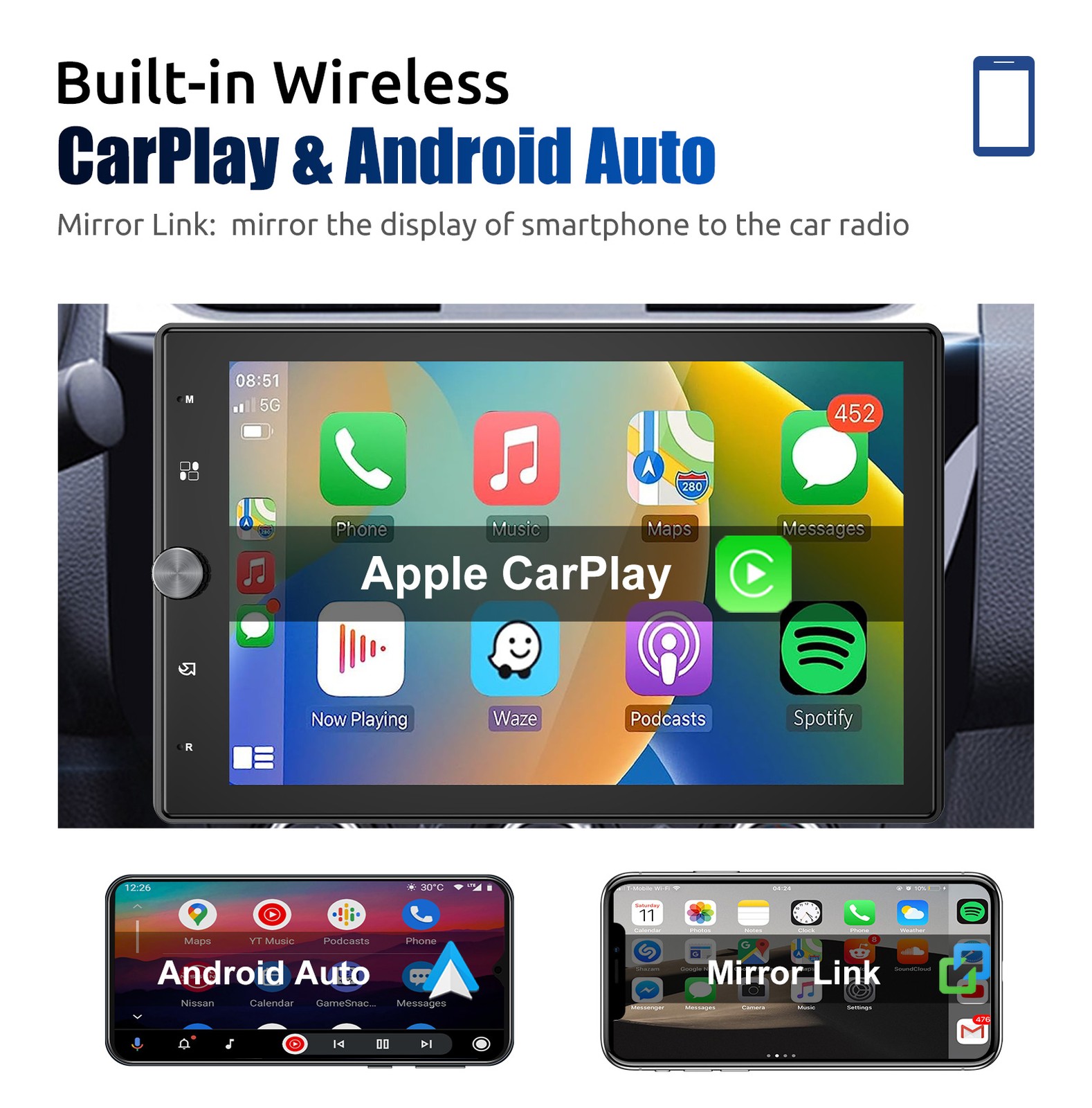 1 DIN 10.4″ Wireless Apple Carplay Car Stereo Head Unit Rotatable Screen Radio