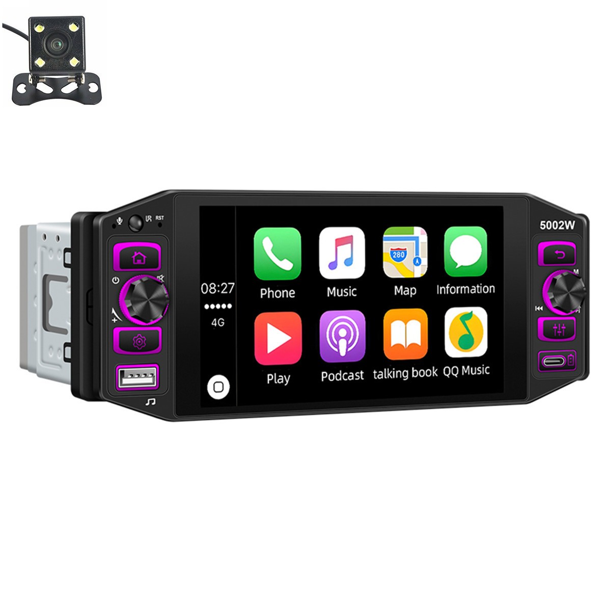 Car Stereo Radio Player HD LCD Screen 1DIN USB Type-C For CarPlay W/4LED Camera
