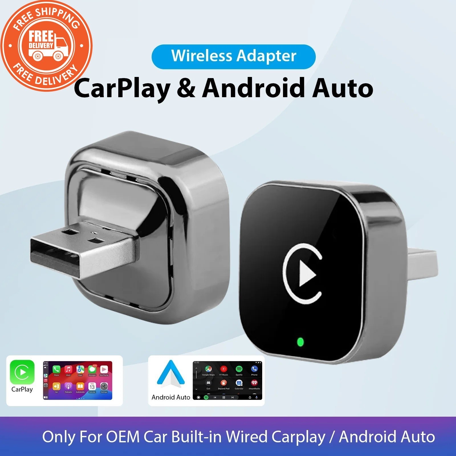 Wireless CarPlay Android Auto Adapter 2-in-1 5GHz WiFi USB Type-C Plug Play