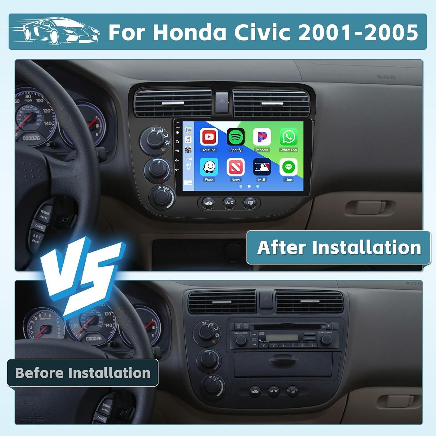 Android 32G Car Play GPS Stereo FM RDS Radio For Honda Civic 4-Door 1.7L 2000-05