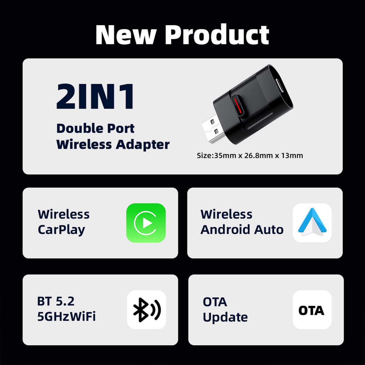New USB/Type-C Wireless CarPlay Adapter Bluetooth 5.2 5GHz WiFi Auto OTA Update