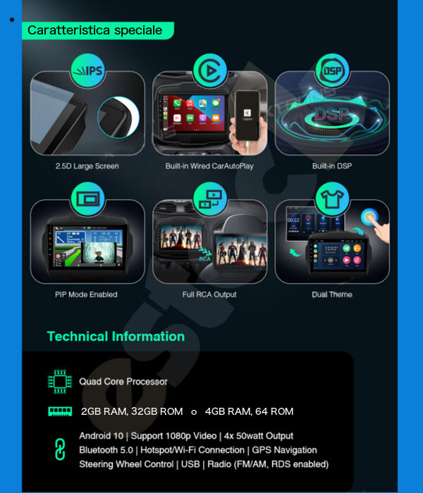 CAR TABLET ANDROID 14 FOR JEEP RENEGADE 2015-2018 4GB RAM 64GB ROM 9″ GPS
