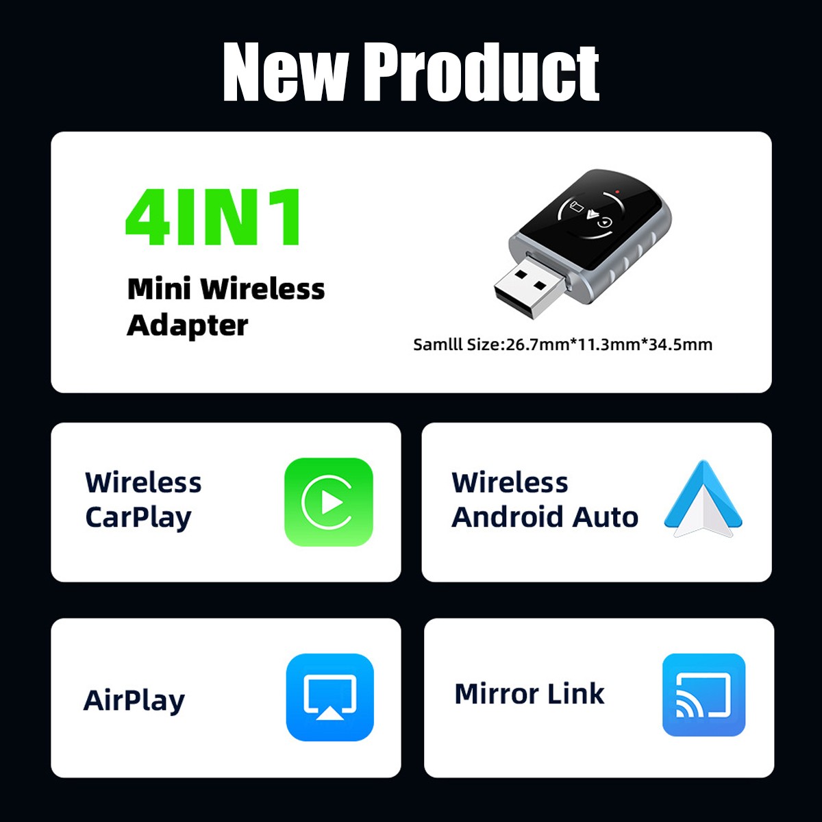 4 in 1 Wireless CarPlay Android Auto Adapter 5GHz WiFi USB & Type-C Plug & Play