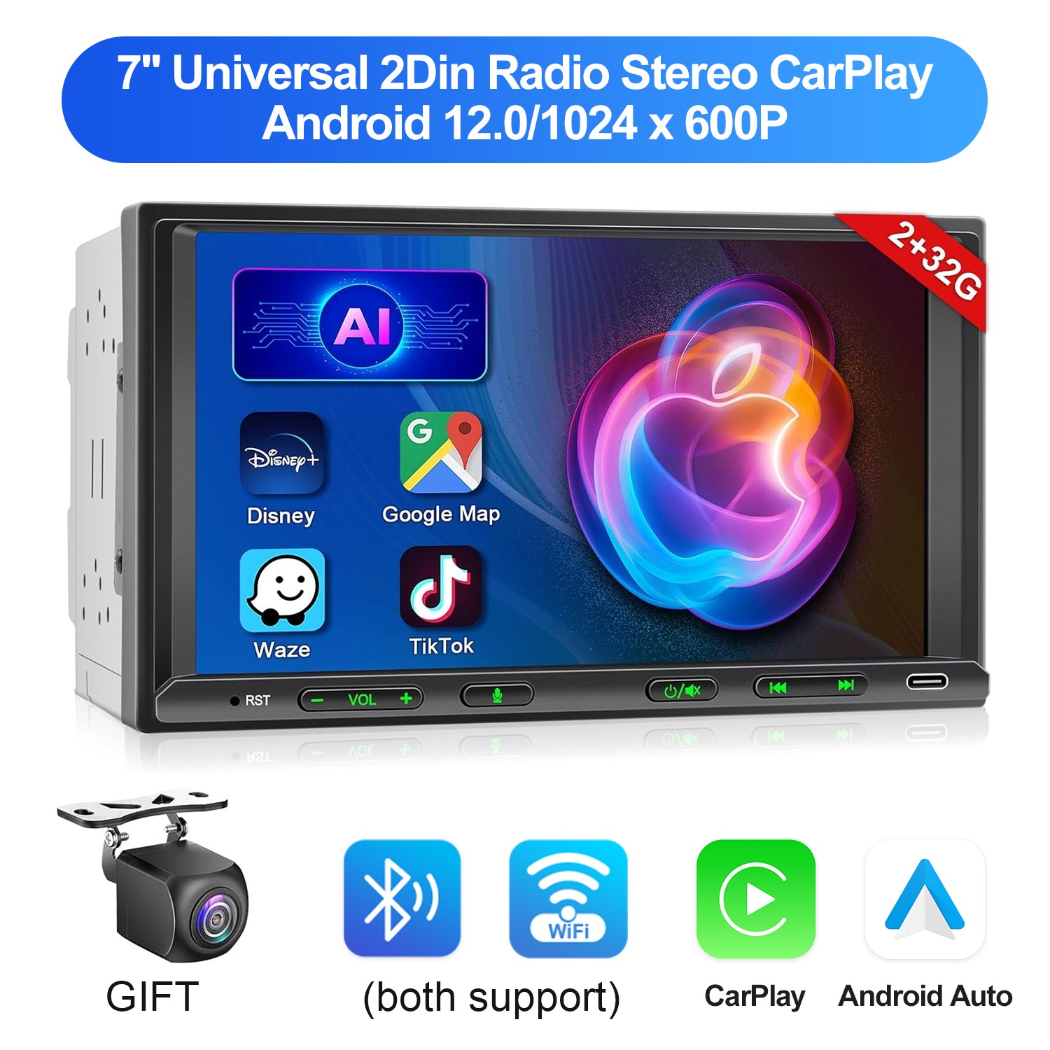 7” Universal 2Din Radio Stereo CarPlay 2+32GB GPS Navigator DSP/EQ BT +Camera
