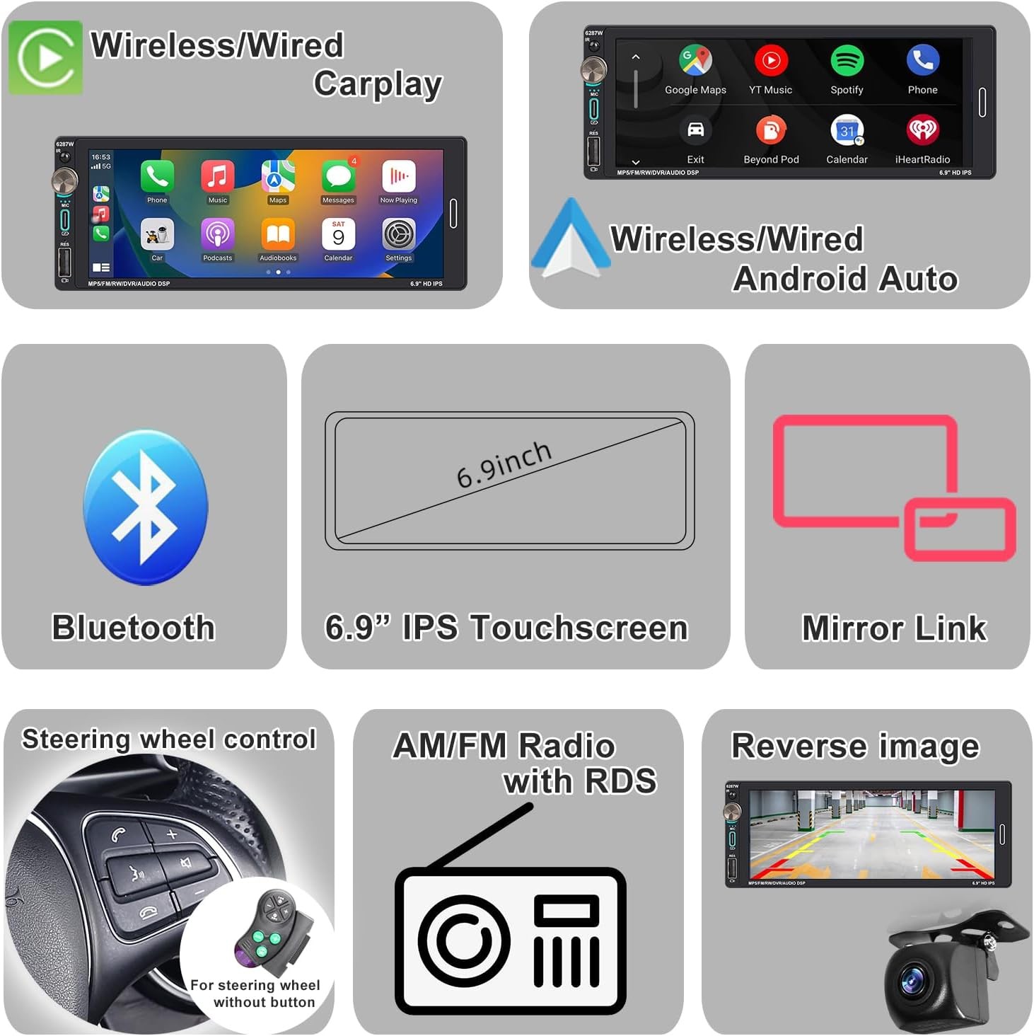 Single Din 6.9″Touch Screen Stereo Bluetooth Radio Car Apple/Android Carplay USB