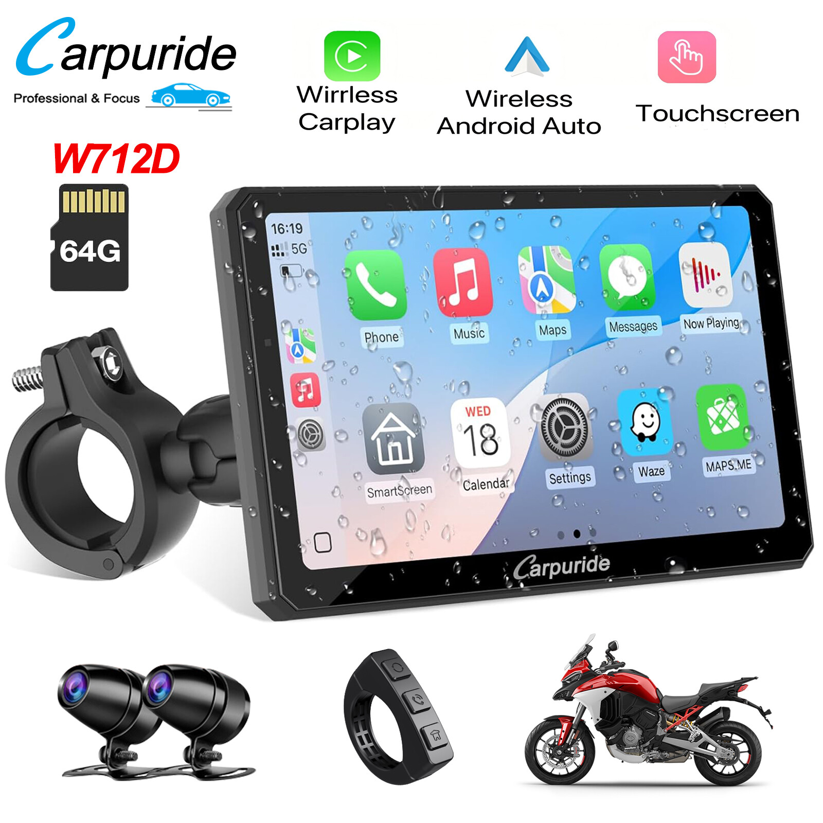 Carpuride W712D TPMS Wireless Carplay Wired Controlled Rotatable screen Dash Cam