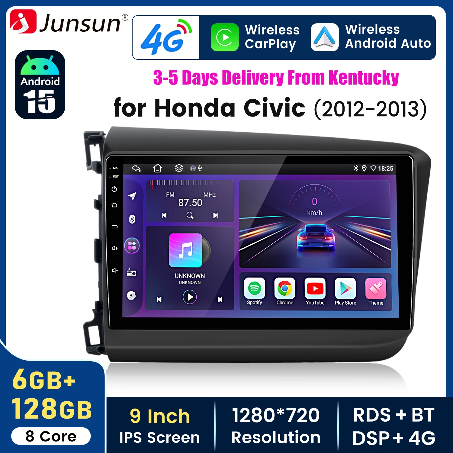 For Honda Civic 2012-2015 6+128GB Carplay Android15 Car Stereo Radio GPS Navi BT