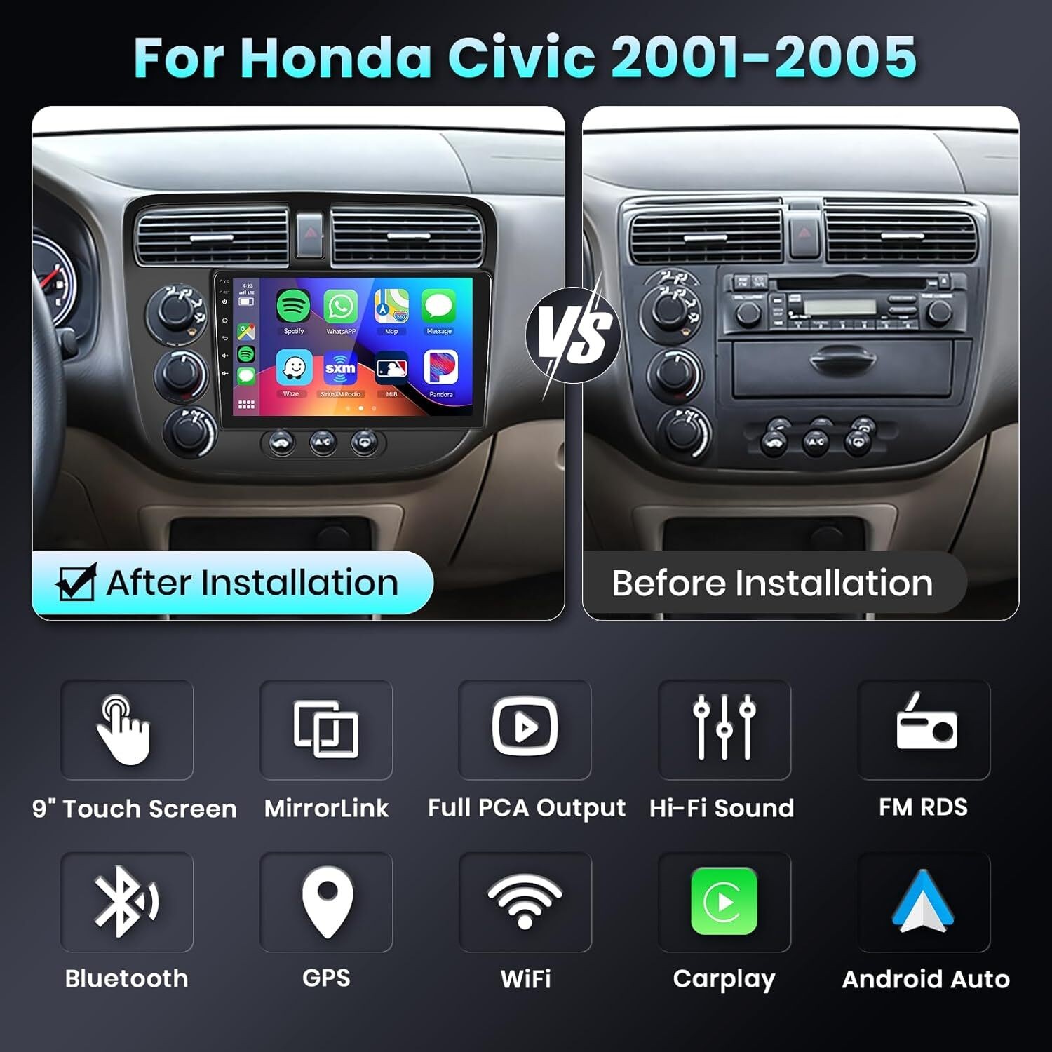 Android 32G Car Play GPS Stereo FM RDS Radio For Honda Civic 4-Door 1.7L 2000-05