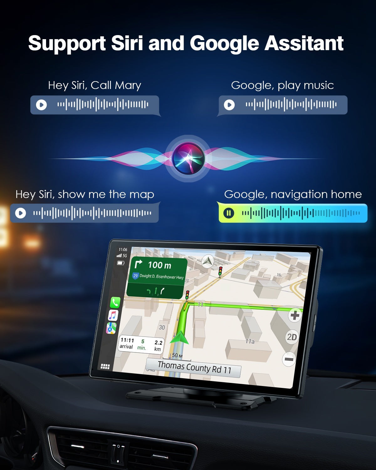 Portable Wireless Apple CarPlay and Android Auto 9″ IPS Touch Screen w/ Rear Cam