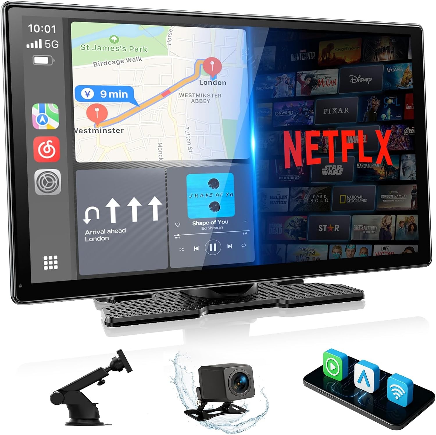 9″ Wireless CarPlay Screen Android Auto with Netflix YouTube GPS Reverse Camera