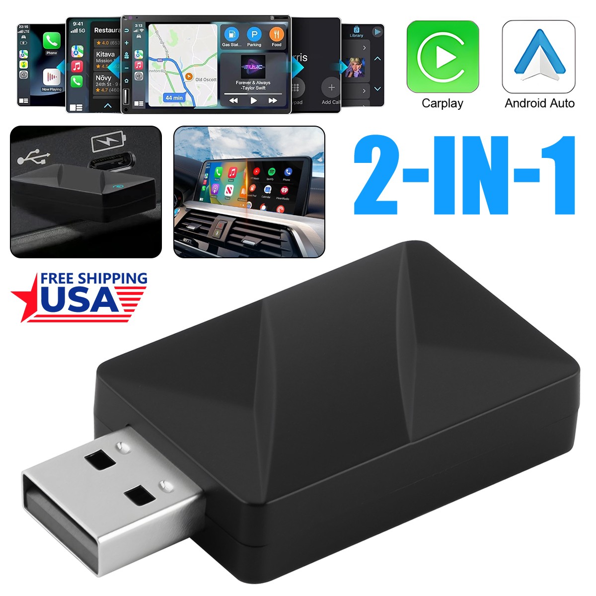USB Wired to Wireless CarPlay Adapter / Android Auto Adapter Plug and Play WiFi