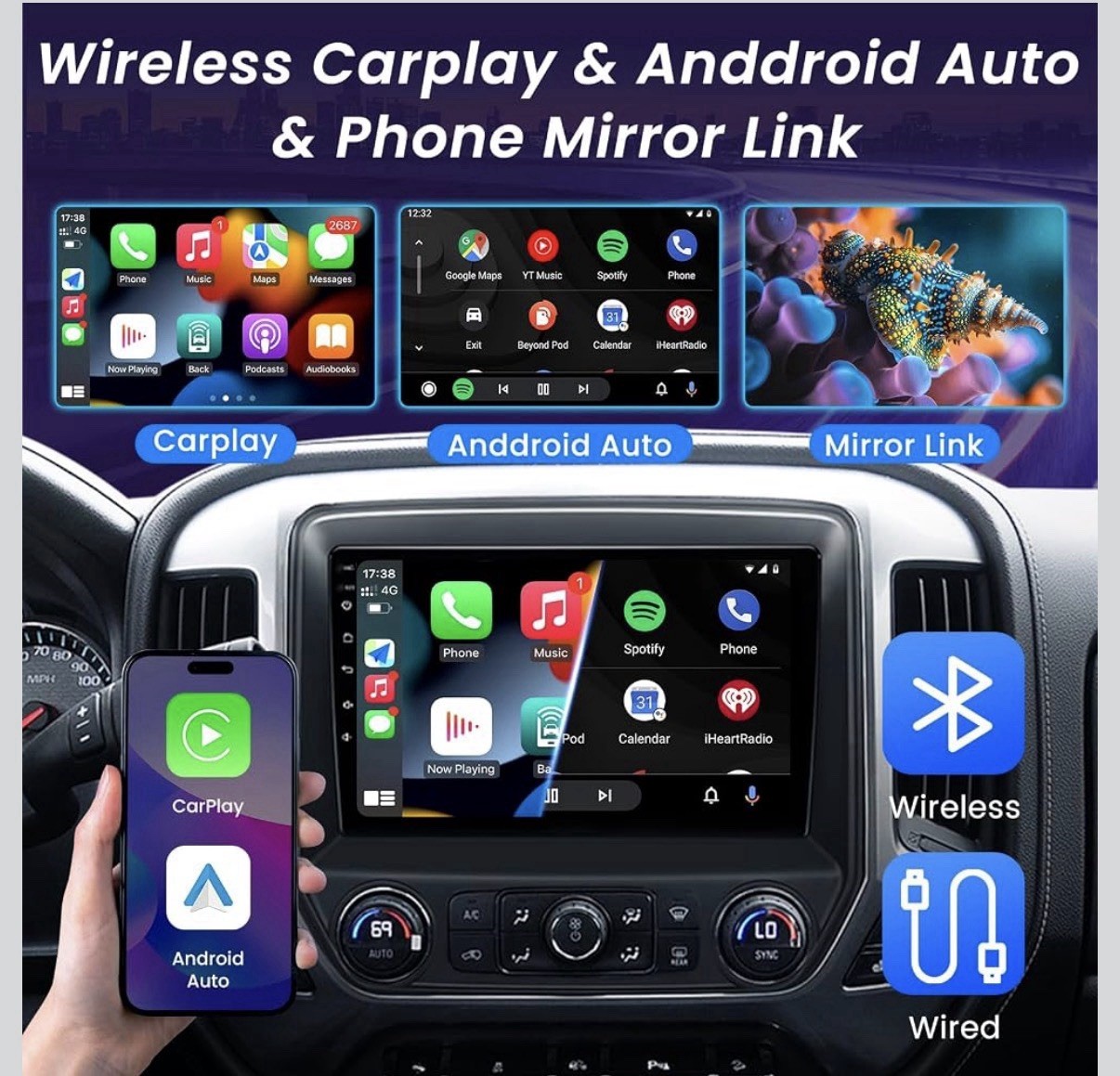 Carplay for Silverado 2014-2018 Android 13 Car Stereo Radio GPS Navi WIFI 4G BT