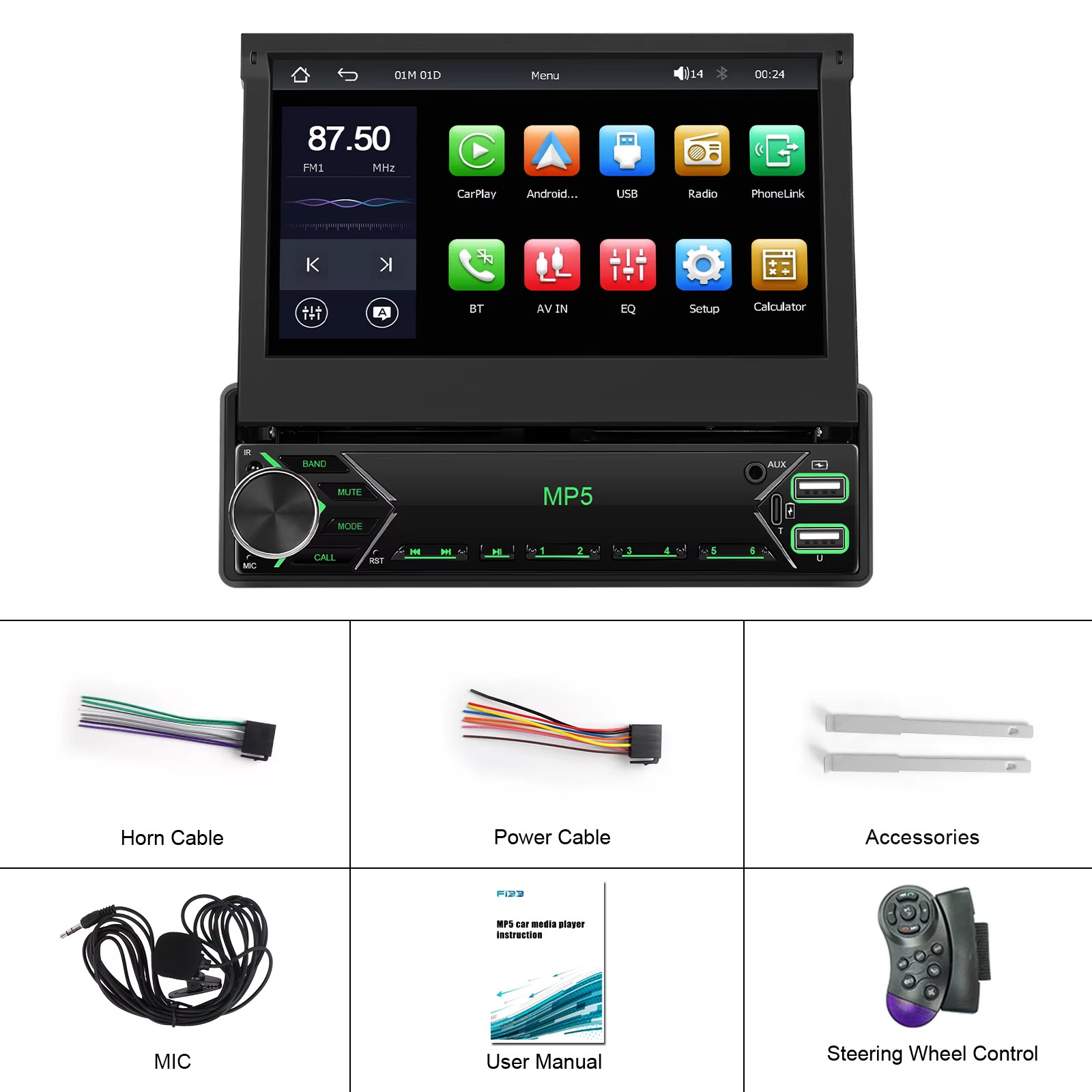 1 Din Screen Retractable Car Stereo | Android Auto & CarPlay Wired | MP5 Univ