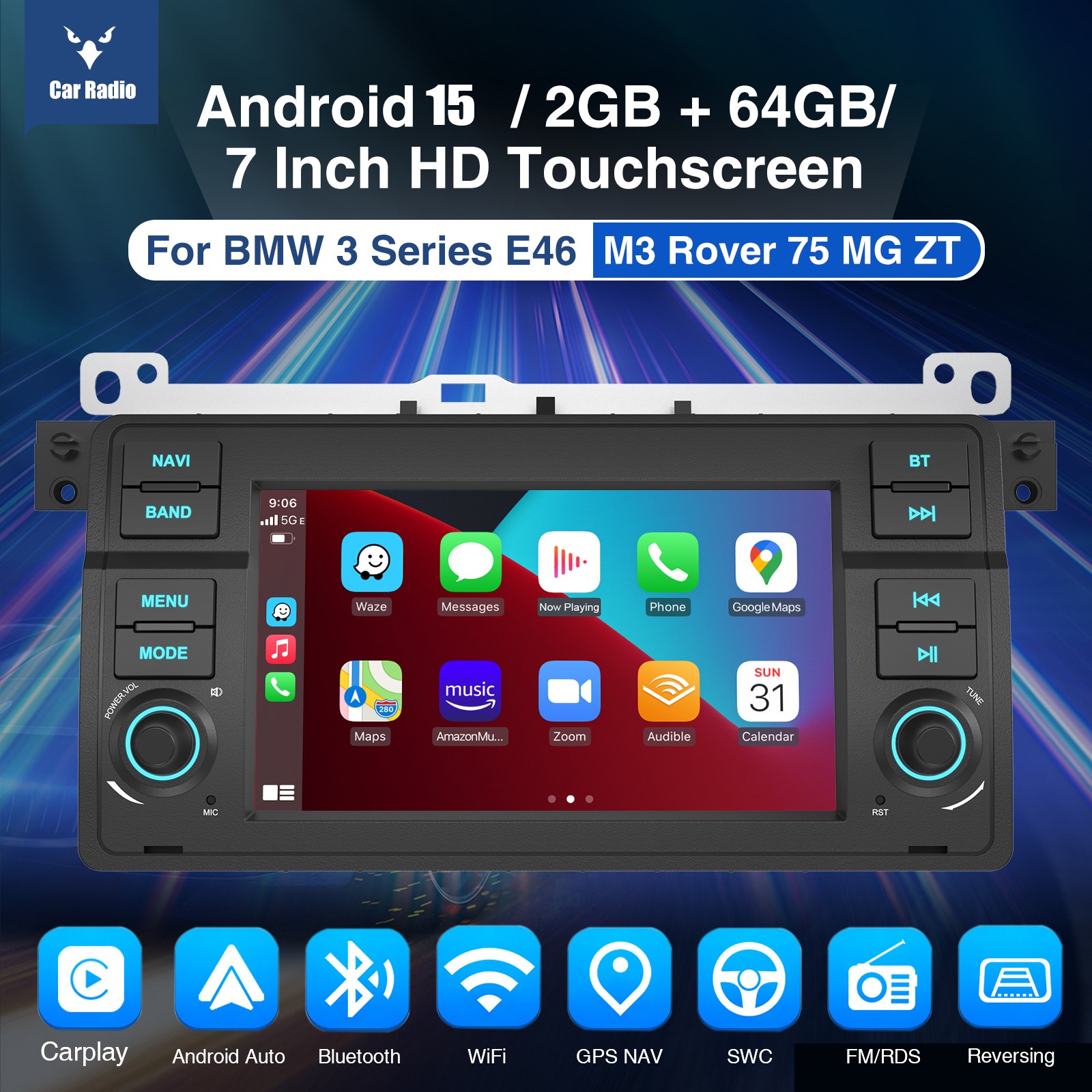 DVR+ CarPlay 7″ Android 15 Car Stereo Radio Head Unit+AHD For BMW 3-Series E46