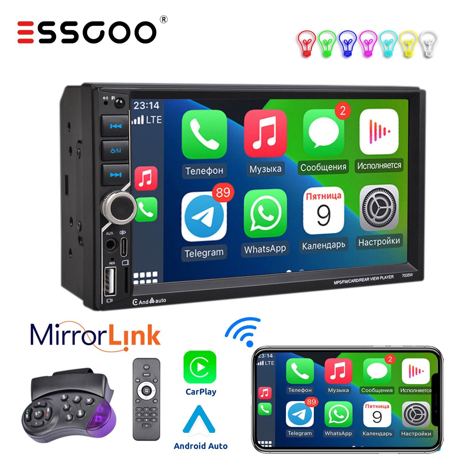 2 DIN Car Stereo Player Wireless Carplay Bluetooth 7″ Touch Screen FM USB TF AUX
