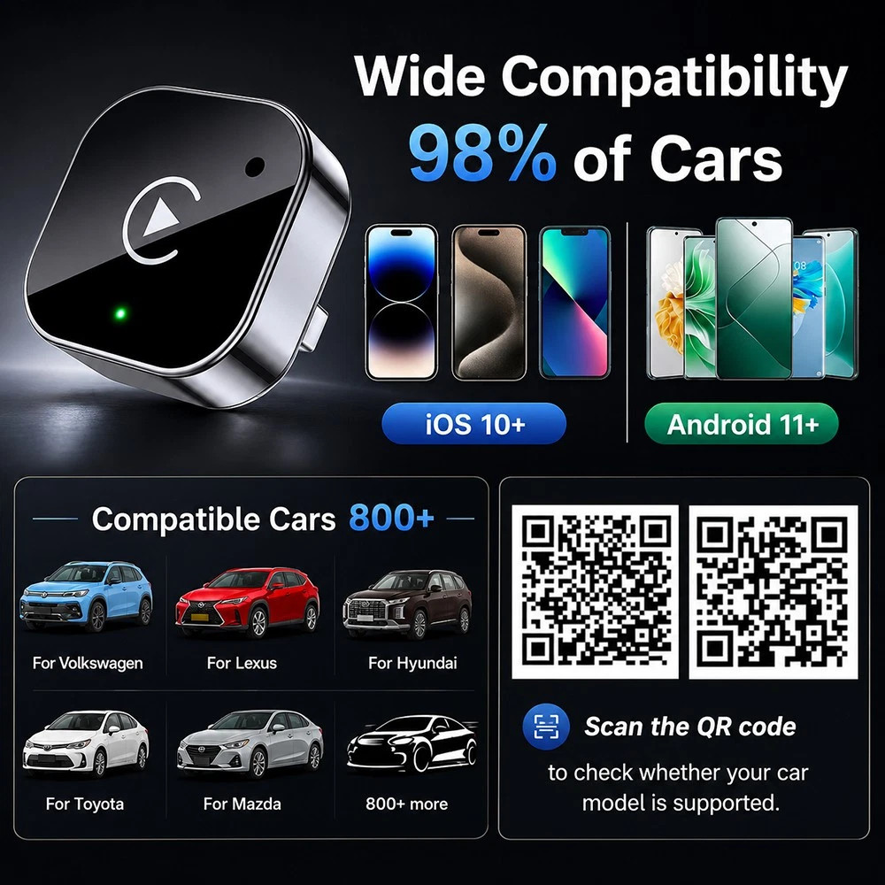 2-in-1 Wired to Wireless CarPlay & Android Auto Adapter USB Dongle Plug & Play