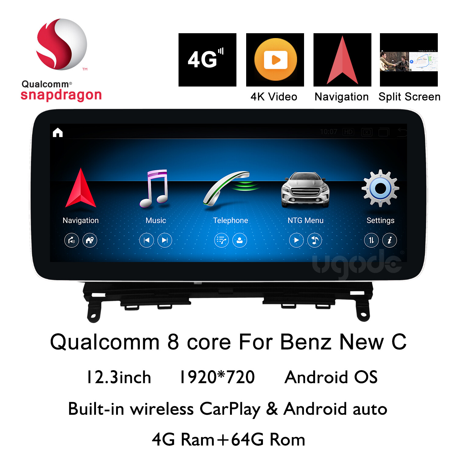 12.3in W204 Android13 Screen Display Multimedia GPS Mercedes Benz C 2007-2010
