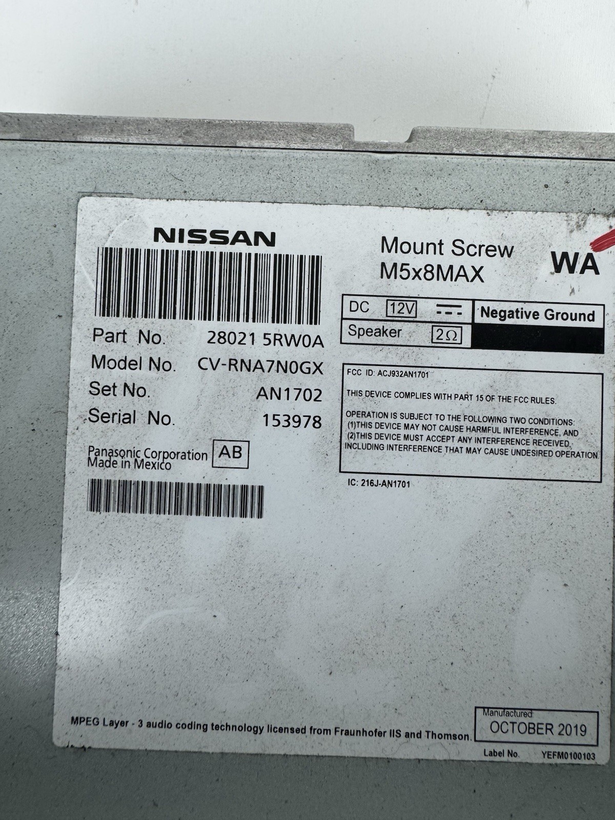 2020 Nissan Kicks/Versa Radio Receiver Assembly (28021-5RW0A OEM)