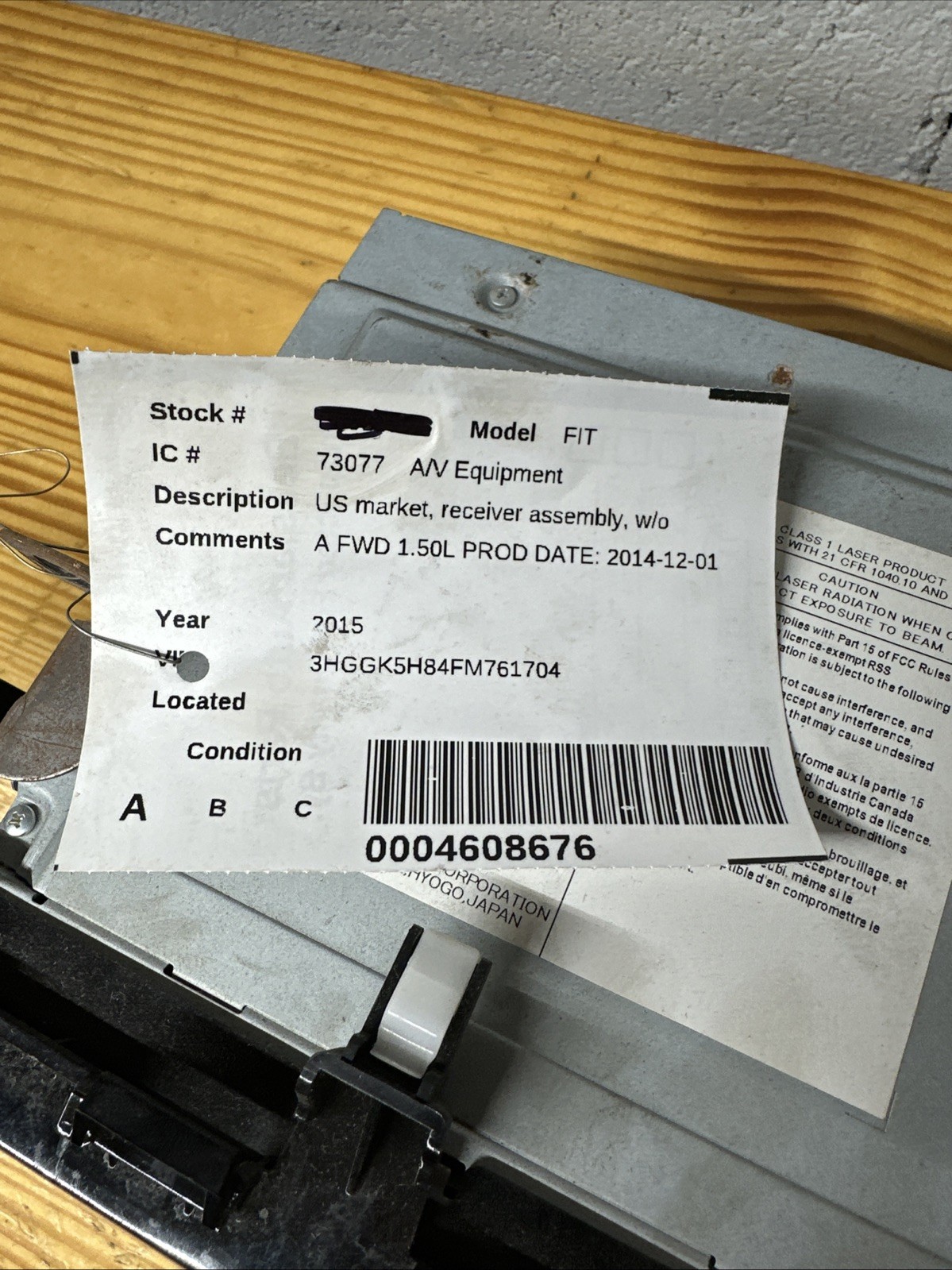 2015-2018 HONDA FIT OEM Radio Display Receiver 39100-T5R-A11-M1